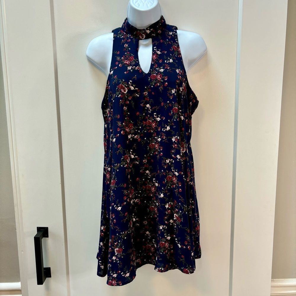 Allya Navy Floral Mock Neck Keyhole Dress – Size XS
